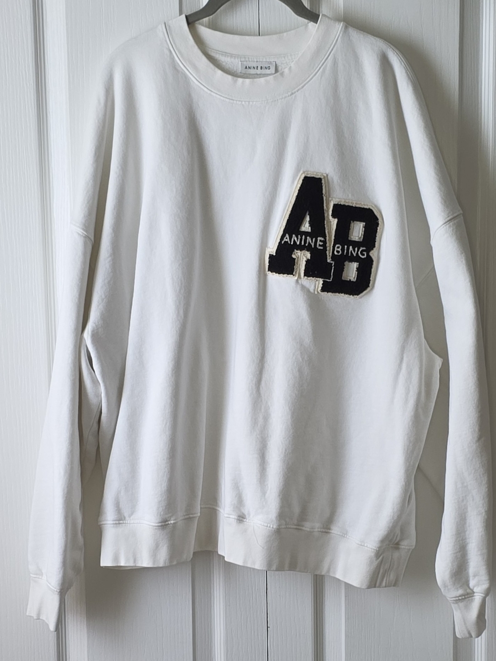 Anine Bing White Crewneck Sweatshirt Letterman Black AB Patch Size Large